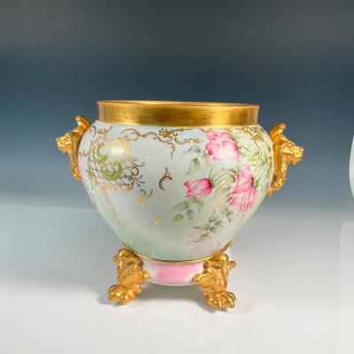 Mid 20th Century Two Piece Limoges Porcelain Pink Gold Jardiniere Stand