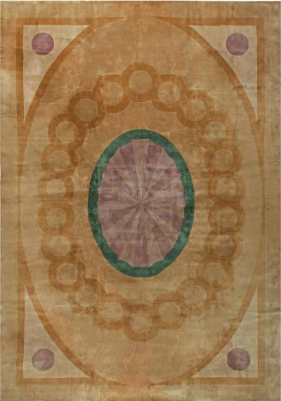 Mid 20th Century with Oval Medallion Chinese Yellow Purple Green Handmade Rug
