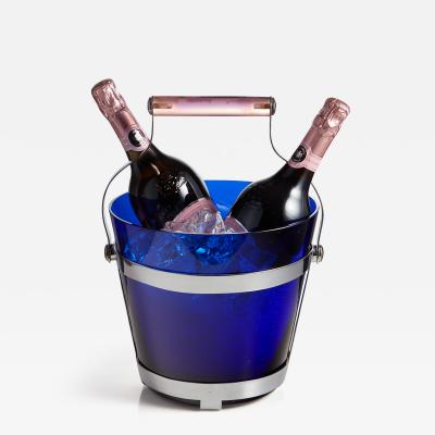 Mid 20th Large Blue Glass Ice Bucket Cooler with Pink Lucite Handle Spain 1960