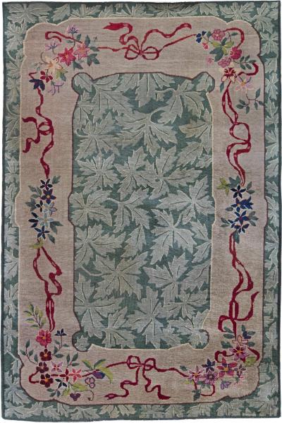 Mid 20th century Art Deco Chinese Green and Red Hand Knotted Wool Rug