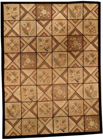 Mid 20th century Beige Brown Black Wool Handmade Hooked Rug