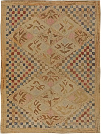 Mid 20th century Botanic Motifs on Checkered Beige Background Hooked Wool Rug