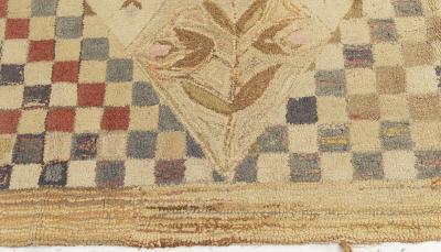 Mid 20th century Botanic Motifs on Checkered Beige Background Hooked Wool Rug