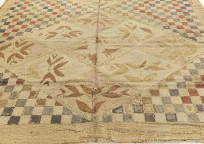 Mid 20th century Botanic Motifs on Checkered Beige Background Hooked Wool Rug