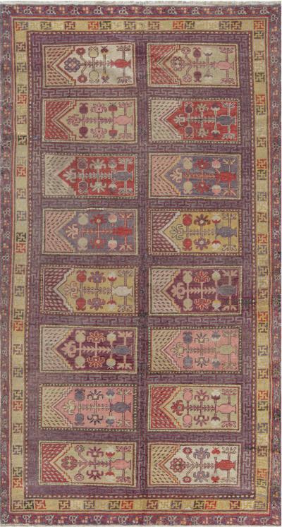 Mid 20th century Khotan Samarkand Purple Red and Yellow Handmade Wool Rug