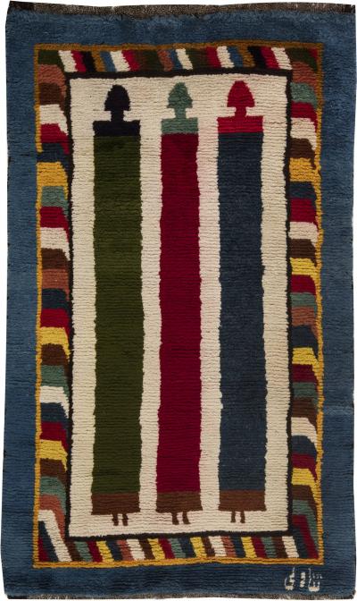 Mid 20th century Moroccan Red Green Yellow and Navy Blue Handmade Wool Rug