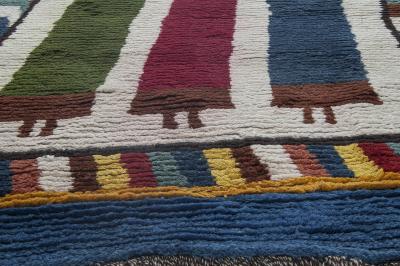 Mid 20th century Moroccan Red Green Yellow and Navy Blue Handmade Wool Rug