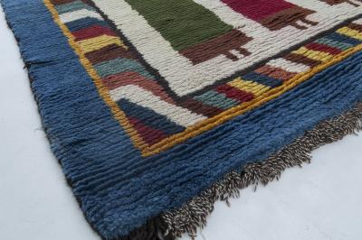Mid 20th century Moroccan Red Green Yellow and Navy Blue Handmade Wool Rug
