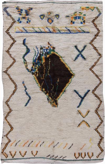 Mid 20th century Off White Background Tribal Geometric Moroccan Motifs Wool Rug
