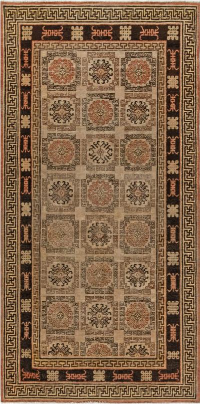 Mid 20th century Samarkand Beige Brown and Orange Handmade Wool Rug
