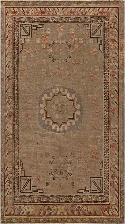 Mid 20th century Samarkand Brown Orange Purple Handmade Wool Rug