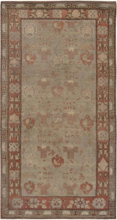 Mid 20th century Samarkand Green and Orange Handmade Wool Rug