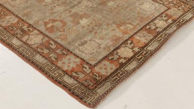 Mid 20th century Samarkand Green and Orange Handmade Wool Rug