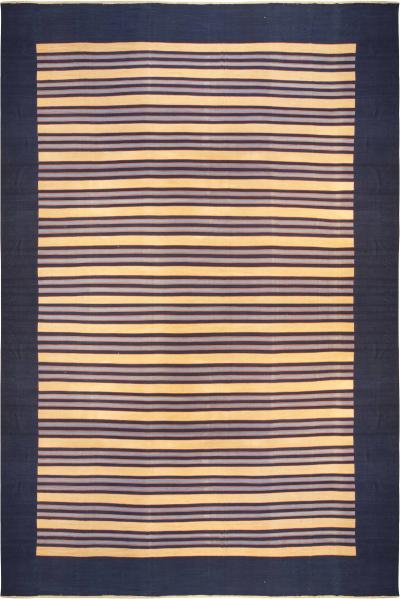 Mid 20th century Striped Navy Blue with Apricot Yellow Indian Dhurrie Rug