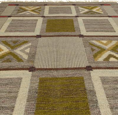 Mid 20th century Swedish Geometric Brown Gray Green Flat Weave Wool Rug
