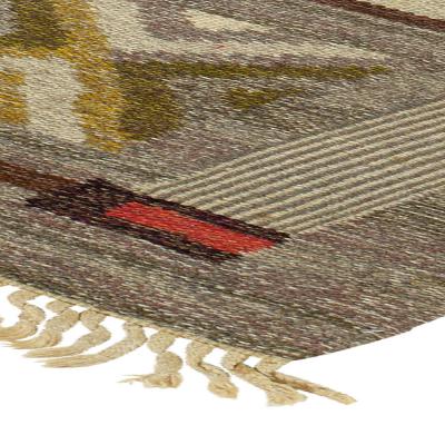 Mid 20th century Swedish Geometric Brown Gray Green Flat Weave Wool Rug