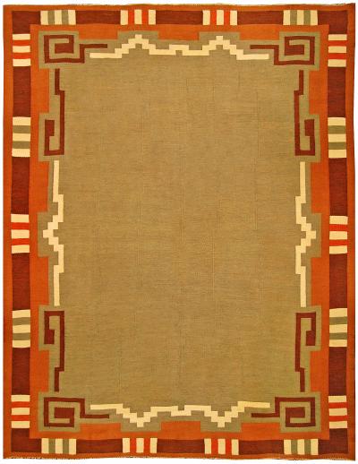 Mid 20th century Swedish Hand Knotted Wool Rug in Green Beige Orange Brown
