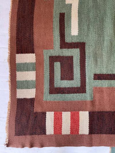 Mid 20th century Swedish Hand Knotted Wool Rug in Green Beige Orange Brown