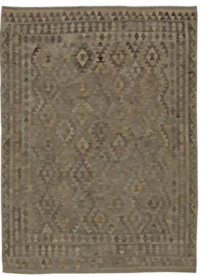 Mid 20th century Turkish Geometric Deep Brown Beige Kilim Wool Rug