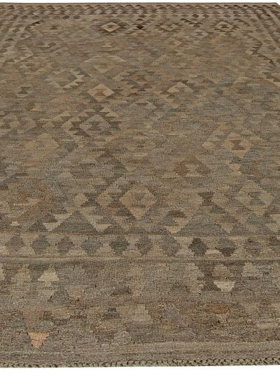 Mid 20th century Turkish Geometric Deep Brown Beige Kilim Wool Rug