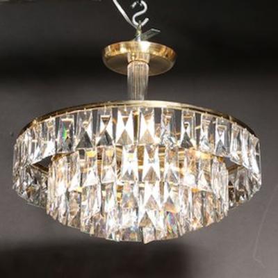 Mid Century 3 Tier Faceted Cut Crystal Chandelier in Brass w Glass Rod Detail