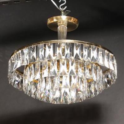 Mid Century 3 Tier Faceted Cut Crystal Chandelier in Brass w Glass Rod Detail