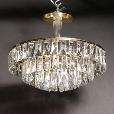 Mid Century 3 Tier Faceted Cut Crystal Chandelier in Brass w Glass Rod Detail