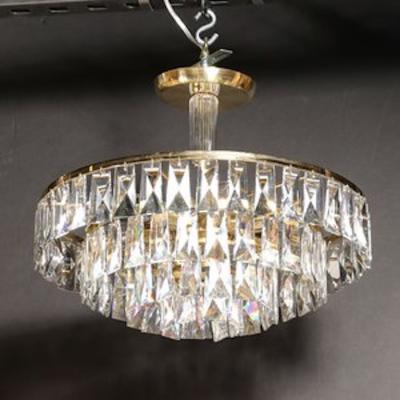 Mid Century 3 Tier Faceted Cut Crystal Chandelier in Brass w Glass Rod Detail
