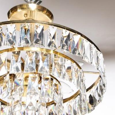 Mid Century 3 Tier Faceted Cut Crystal Chandelier in Brass w Glass Rod Detail