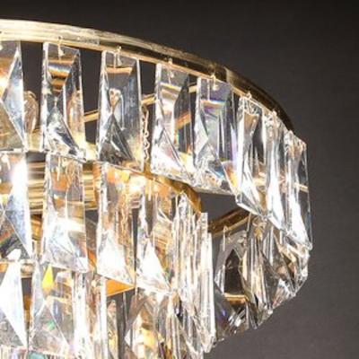 Mid Century 3 Tier Faceted Cut Crystal Chandelier in Brass w Glass Rod Detail