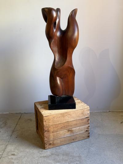 Mid Century Abstract Figural Wood Sculpture on Stand