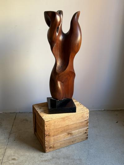 Mid Century Abstract Figural Wood Sculpture on Stand