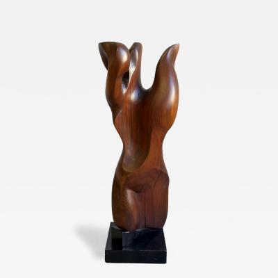 Mid Century Abstract Figural Wood Sculpture on Stand