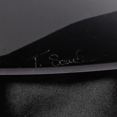 Mid Century Abstract Smoked Glass Frosted Detailed Disc Sculpture signed T Saul