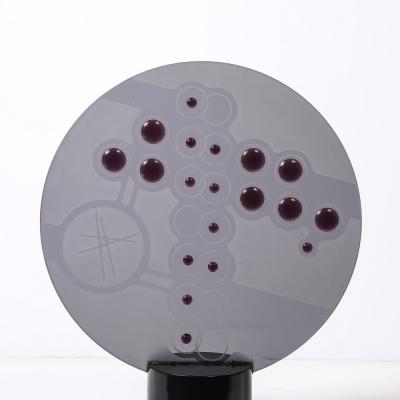 Mid Century Abstract Smoked Glass Frosted Detailed Disc Sculpture signed T Saul