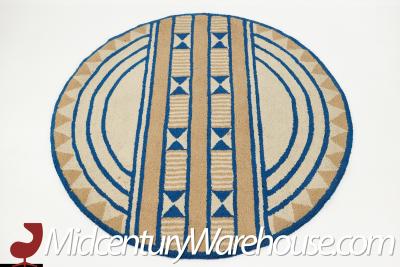 Mid Century Acrylic High Pile Blue and Beige Round Rug