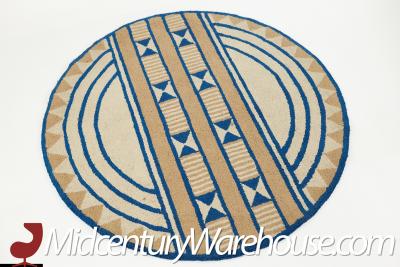 Mid Century Acrylic High Pile Blue and Beige Round Rug