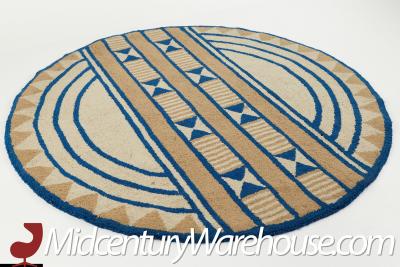 Mid Century Acrylic High Pile Blue and Beige Round Rug