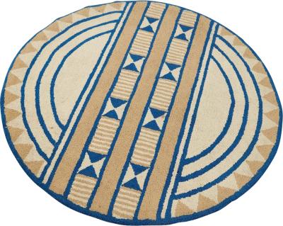 Mid Century Acrylic High Pile Blue and Beige Round Rug