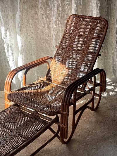 Mid Century Adjustable Rattan Lounge Chair with Retractable Footrest Japan