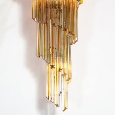 Mid Century Amber Spiral Form Quadretti Camer Chandelier w Brass Fittings