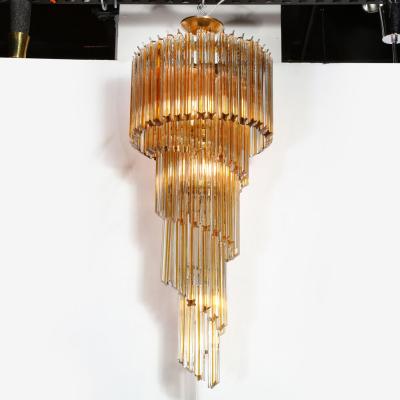 Mid Century Amber Spiral Form Quadretti Camer Chandelier w Brass Fittings