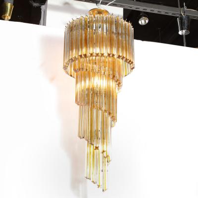 Mid Century Amber Spiral Form Quadretti Camer Chandelier w Brass Fittings