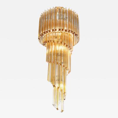 Mid Century Amber Spiral Form Quadretti Camer Chandelier w Brass Fittings