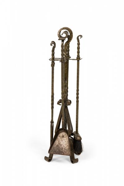 Mid Century American 4 Piece Twisted Design Wrought Bronze Fire Tool Set