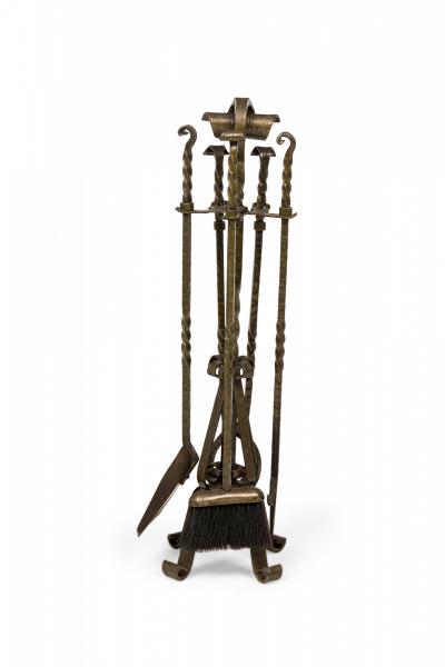 Mid Century American 4 Piece Twisted Design Wrought Bronze Fire Tool Set