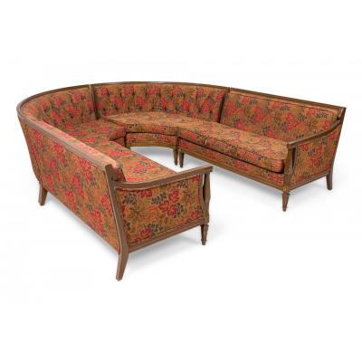 Mid Century American 4 Piece Walnut and Floral Fabric Upholstered Sectional Sofa