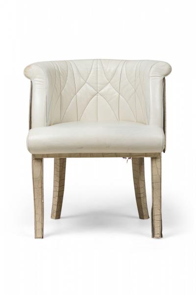 Mid Century American Embossed Beige Faux Reptile Leather Upholstered Quilted Des