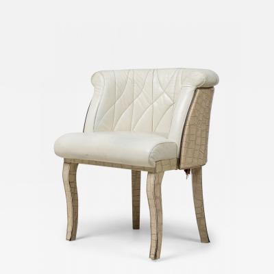 Mid Century American Embossed Beige Faux Reptile Leather Upholstered Quilted Des
