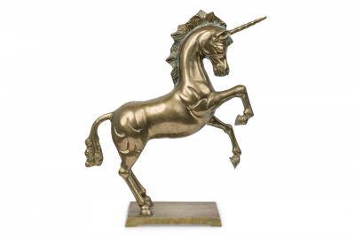 Mid Century American Modern Brass Unicorn Sculpture on Square Base
